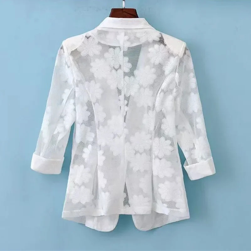 Women Blazer Jacket Spring Summer Thin Cardigan Sun Protection Clothing Hollow Lace Three-quarter Sleeve Suit Top Ladies 250408