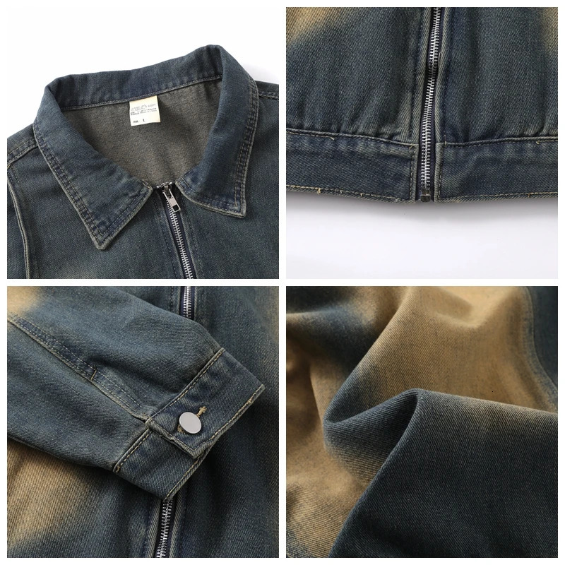 Fashionable retro spray painted zipper denim jacket suitable for mens streets loose casual patch work Distressed Cargo Denim 250401
