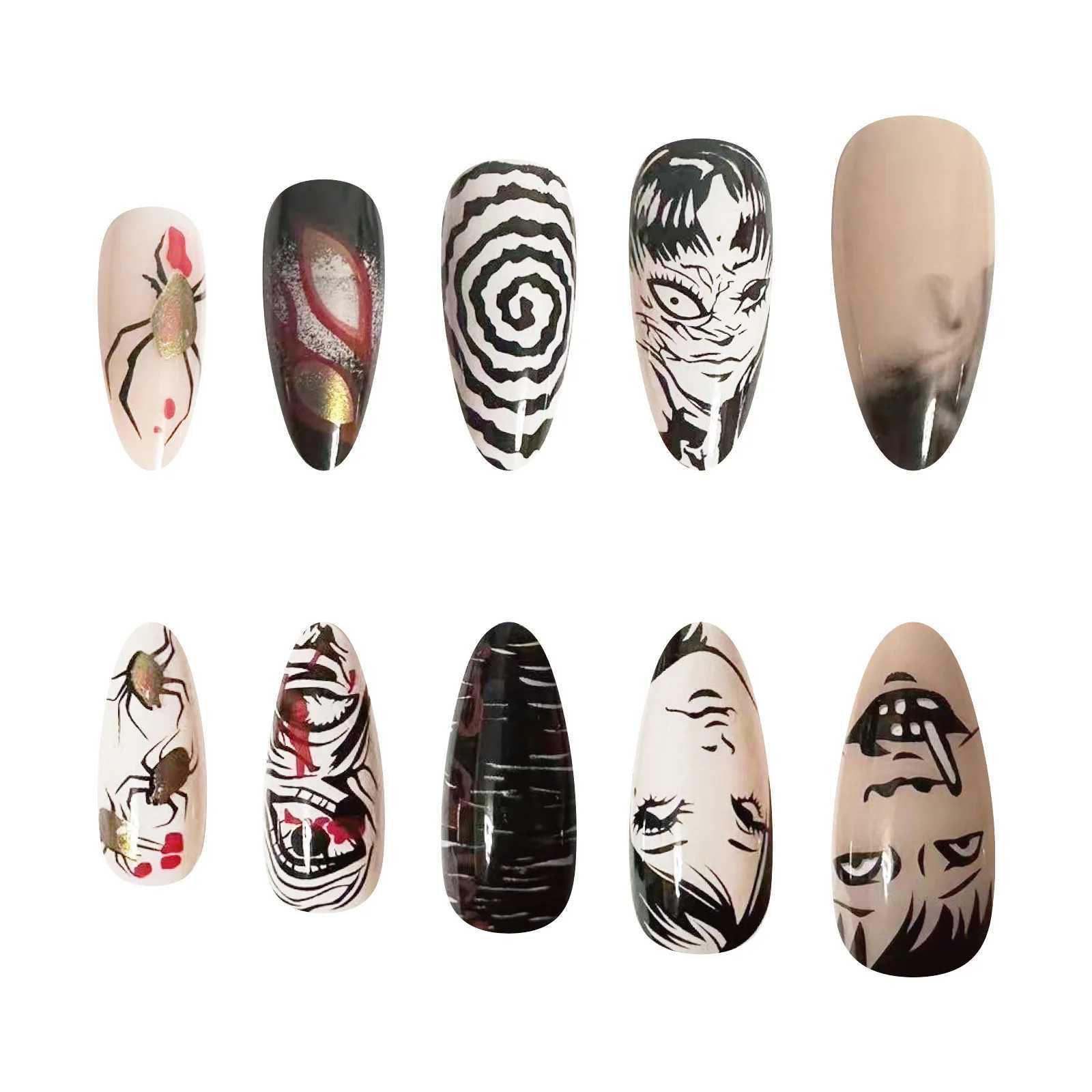 24 pieces of black spider fake nails y2k punk style girls painting fake nails complete set wearable Japanese almond press nail tips W250410