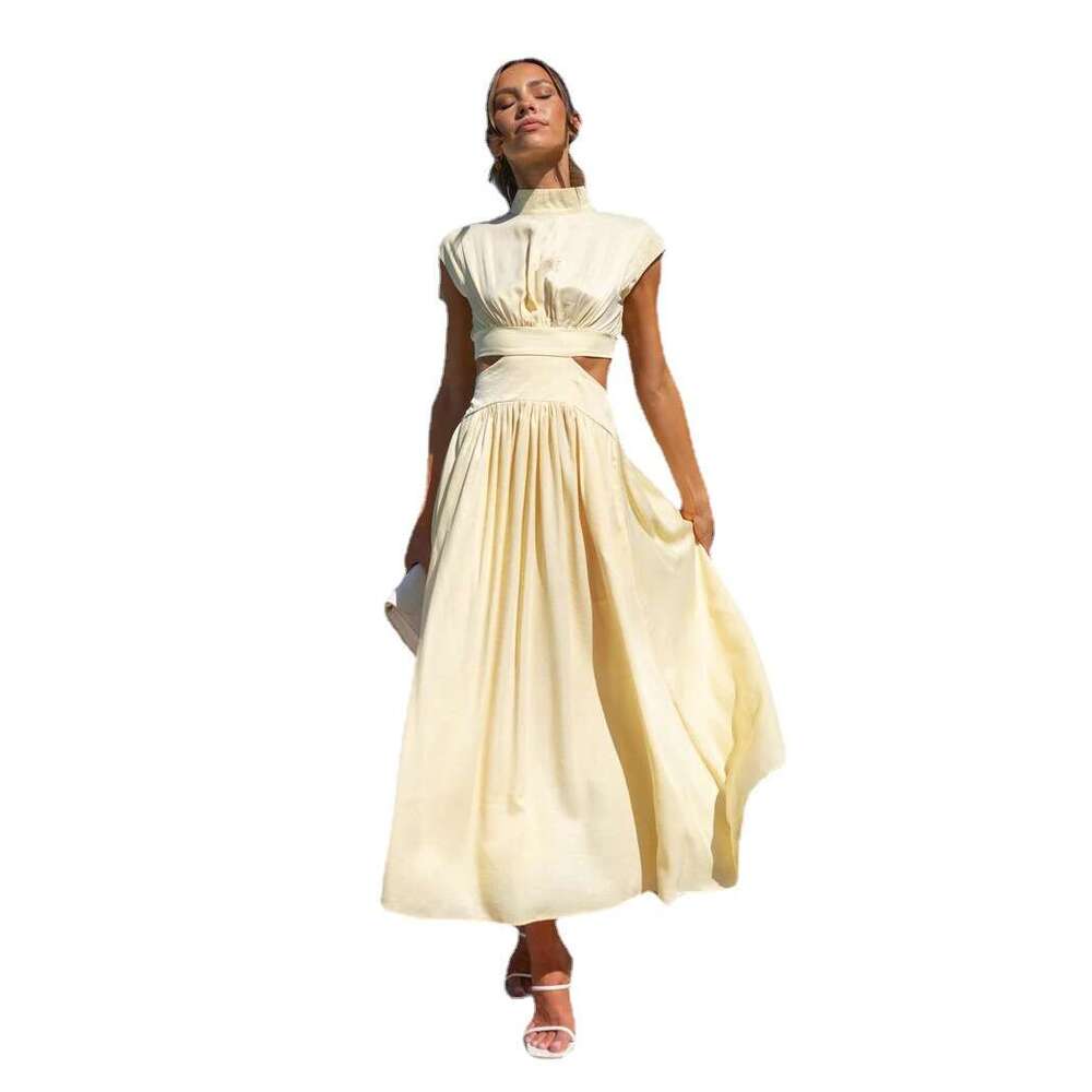 2023 European and American Foreign Trade Sweet Fashion Street Summer New Stand Collar Solid Color Waist-Exposing Long Dress 23003