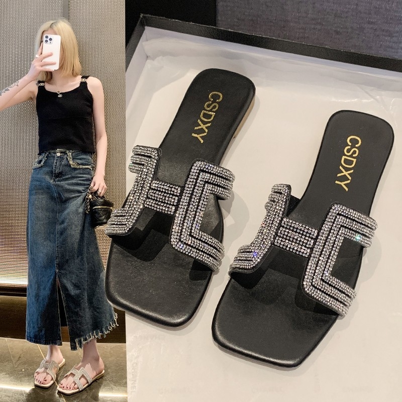 Designer's new fashion rhinestone flat slippers women's summer one-line square head slip-on home slippers black beige khaki