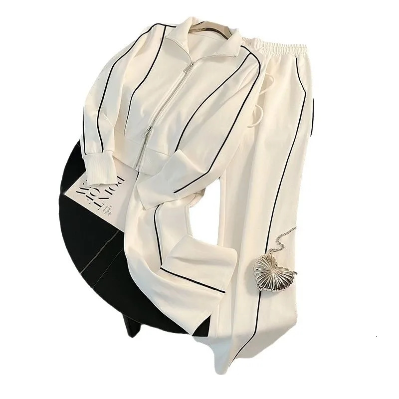 Women Sport Matching Sets Two Pieces Pant Set Solid Lines Double Zipper Coat Drawstring Wide Leg Pants Loose Casual Autumn 251110