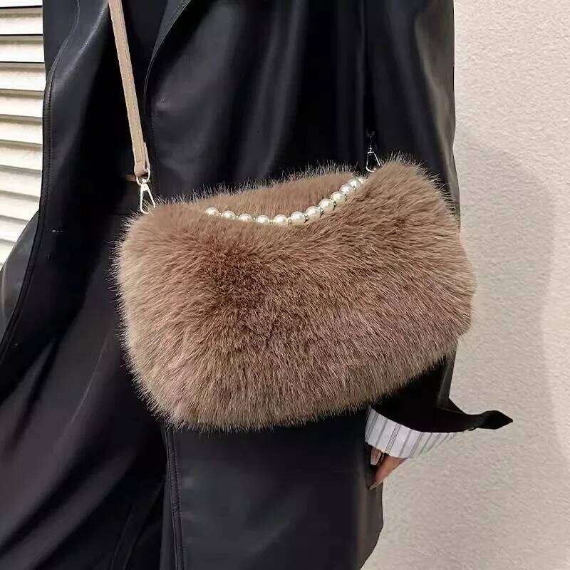 Candy Color Pearl Handle Women's Plush Crossbody Bag Portable Female Furry Handbags Winter Fashion Casual Ladies Shoulder Bags