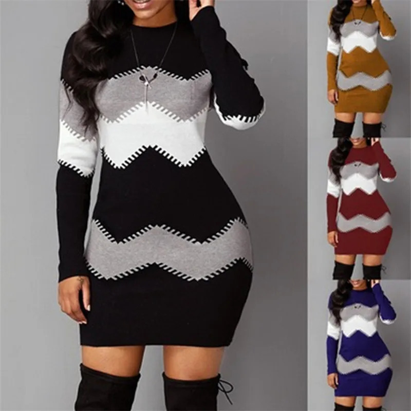 Women Elegant Patchwork Long Sleeve Warm Dress Autumn Winter Rib Knit Sweater Casual Turtleneck Pullover Mini Dresses 251110