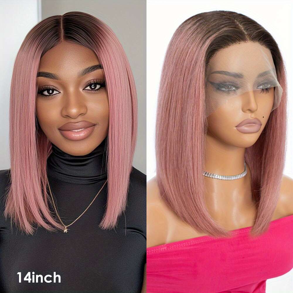 Natural Looking Human With Transparent Lace Front 13X6x1 Ombre Pastel Short Bob Cut, Bleached Knots Pre-Plucked - Lightweight Pink Hair Wig Women Men,