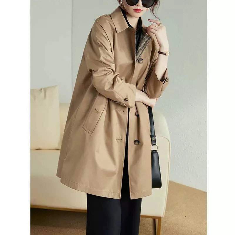 khaki trench coat womens spring and autumn long loose casual windproof jacket 250410