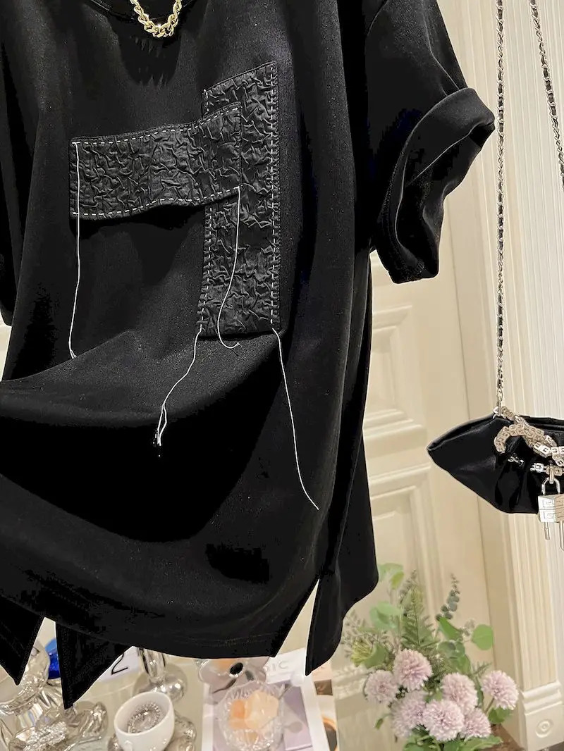 Oversized mens patchwork and decal open front short sleeved T-shirt casual loose fashionable top-notch summer trend T-shirt 250410