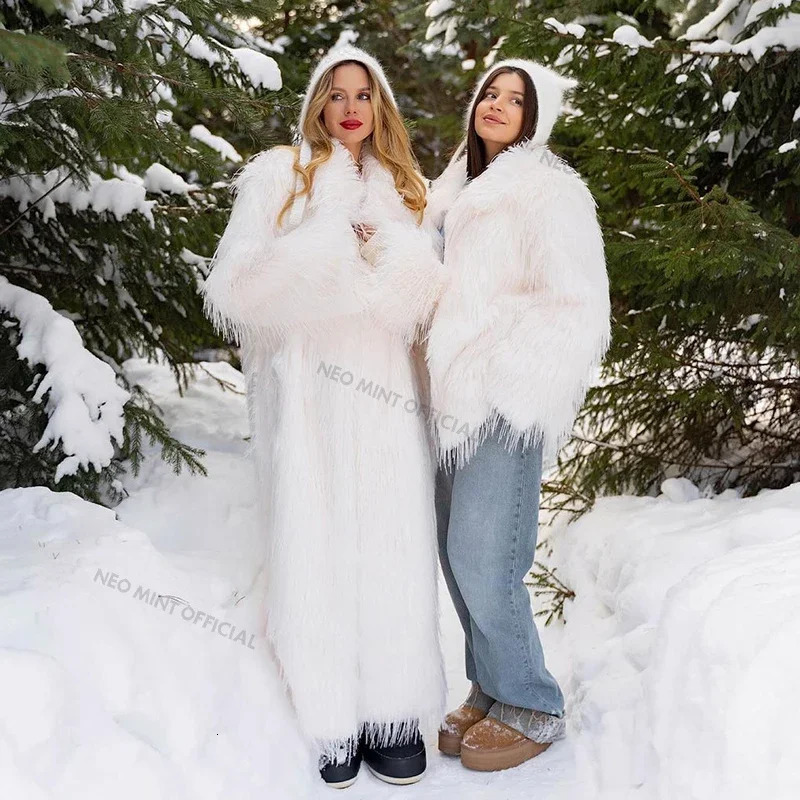 Neo Mint Winter Furry Faux Fur Coat Long Women y Tassels Fluffy Jacket Female Streetwear Super Warm Overcoat 251110