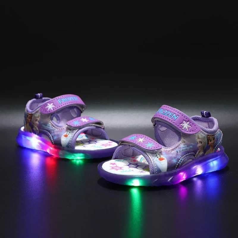 Summer childrens sandals Priness Elsa Anna childrens sandals LED lights beach pink purple shoes size 21-31 Z250410