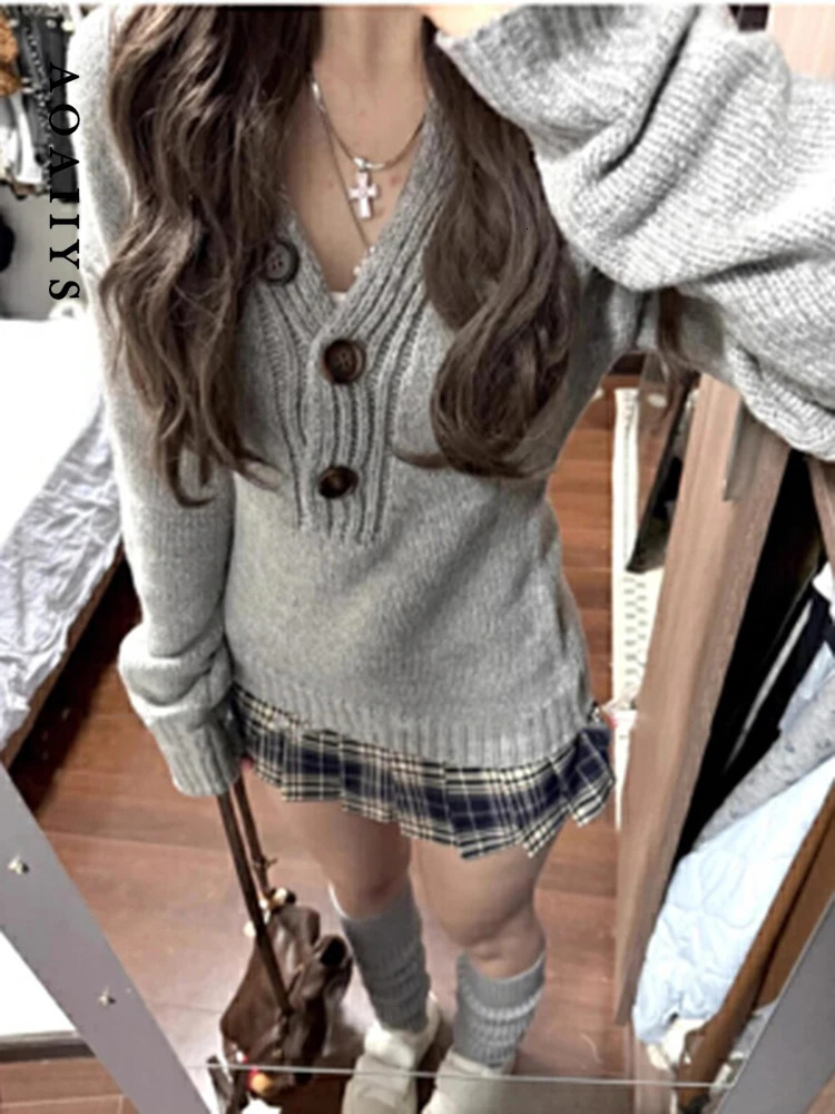 Aoaiiys Sweater Women Gray Long Sleeve Knitted Jumpers Spice Slim Pullover Autumn Winter Comfortable Casual Sweaters 251103