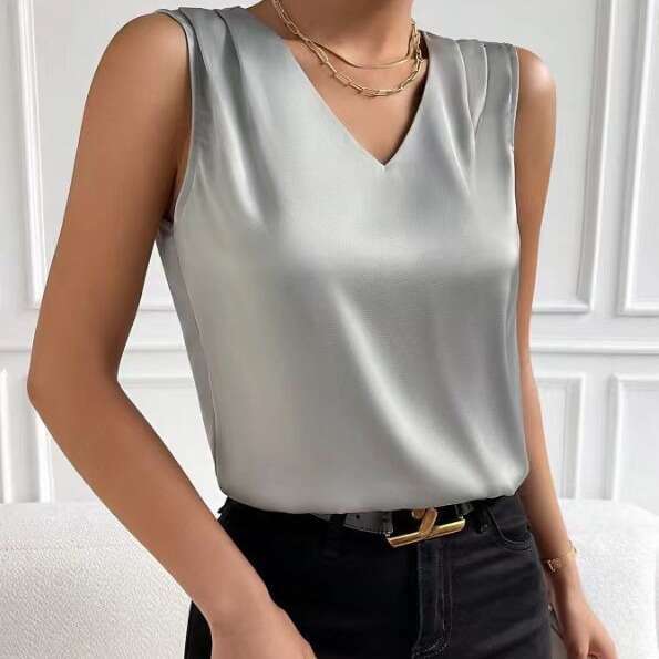 2025 Amazon Fashion Cross-Border Women's Clothing Satin Blazer with Cut Sleeves Elegant Commuter Vest Base Shirt