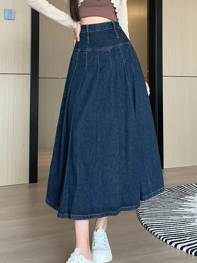 Chic Pleated Jeans Skirts SpringSummer High Waist Long Wash Womens Straight Loose Cowboy Midi 250410