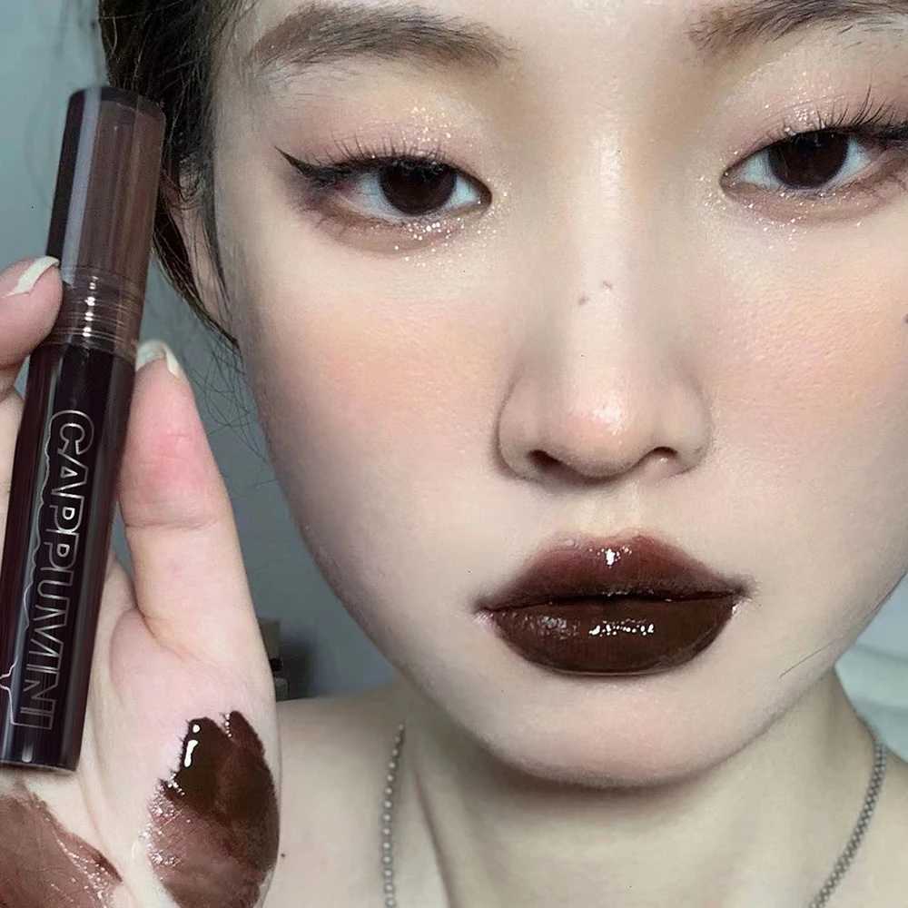 Punk Dark Brown Lip Gloss Mirror Water Lip Glaze Black Chocolate Lipstick Waterproof Liquid Lipstick Nude Clear Tint MakeupT251110