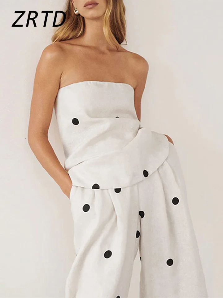 Fashion Backless Polka Dot Tops Pants Sets Women Loose Strapless Back Split Vest Pocket Wide Leg Pant 2025 Lady Vacation Outfits 250408