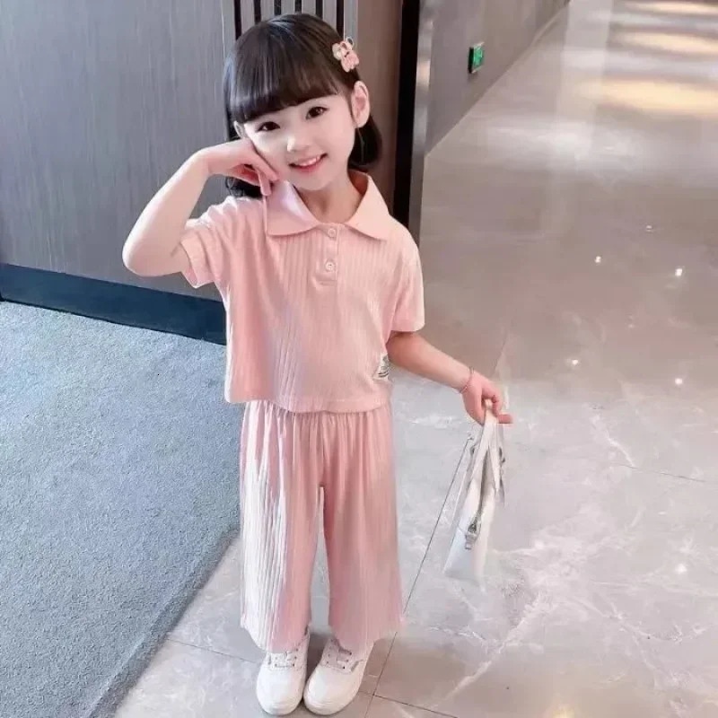 Girls summer clothing set childrens short sleeved polo shirt wide leg pants 2PCS set baby casual wear fashionable pit stripe set 250409