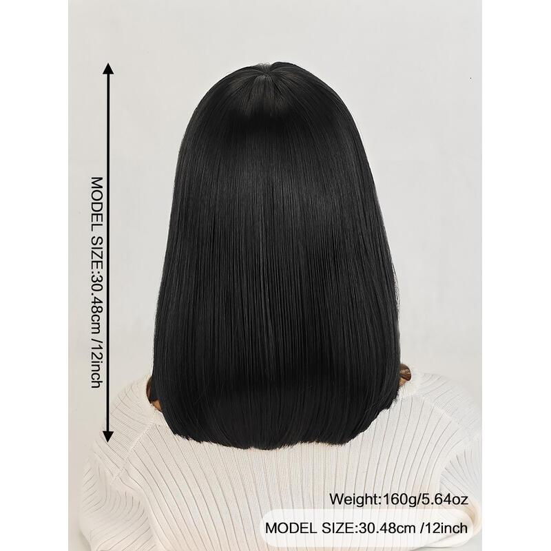12 Inch Natural black Short Bob With Bangs Light Yaki Straight Blunt Cut Glueless Realistic Look Daily Costume Wig For Women Synthetic Heat Resistant 