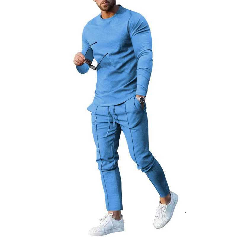 2024 spring two-piece set crew neck long-sleeved t-shirt trousers solid color casual mens suit W251110