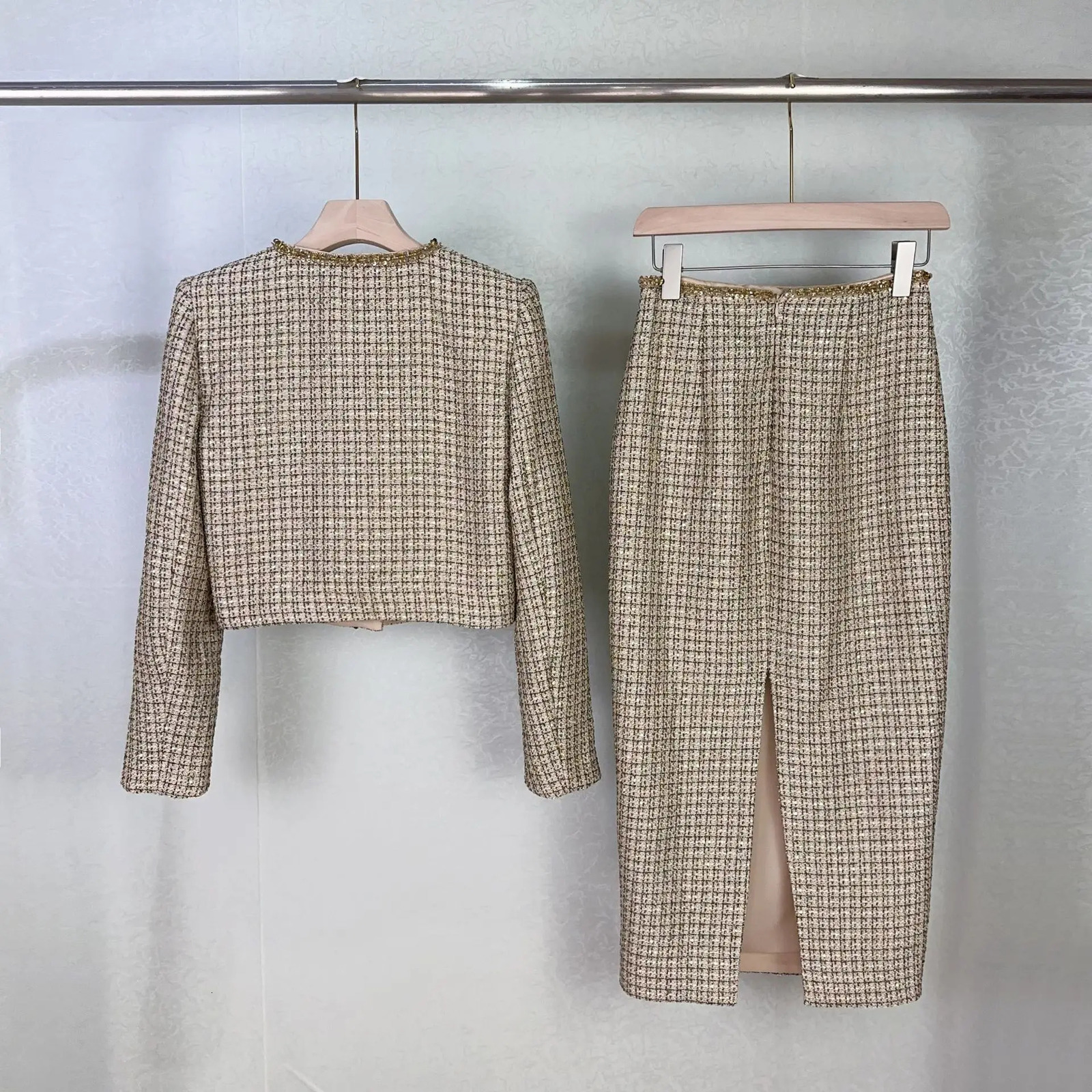 Autumn Winter Small Fragrant Style Gold Plaid Coarse Knitted Two Piece Set Women Suit Coat Tweed Jackets Midi Long Skirts Sets 251110