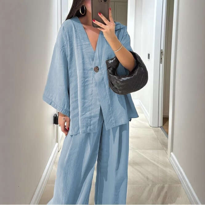 2025 European American Independent Station New Cross-Border Fashion Loose Women's V-Neck Top and Wide-Leg Pants Casual Set