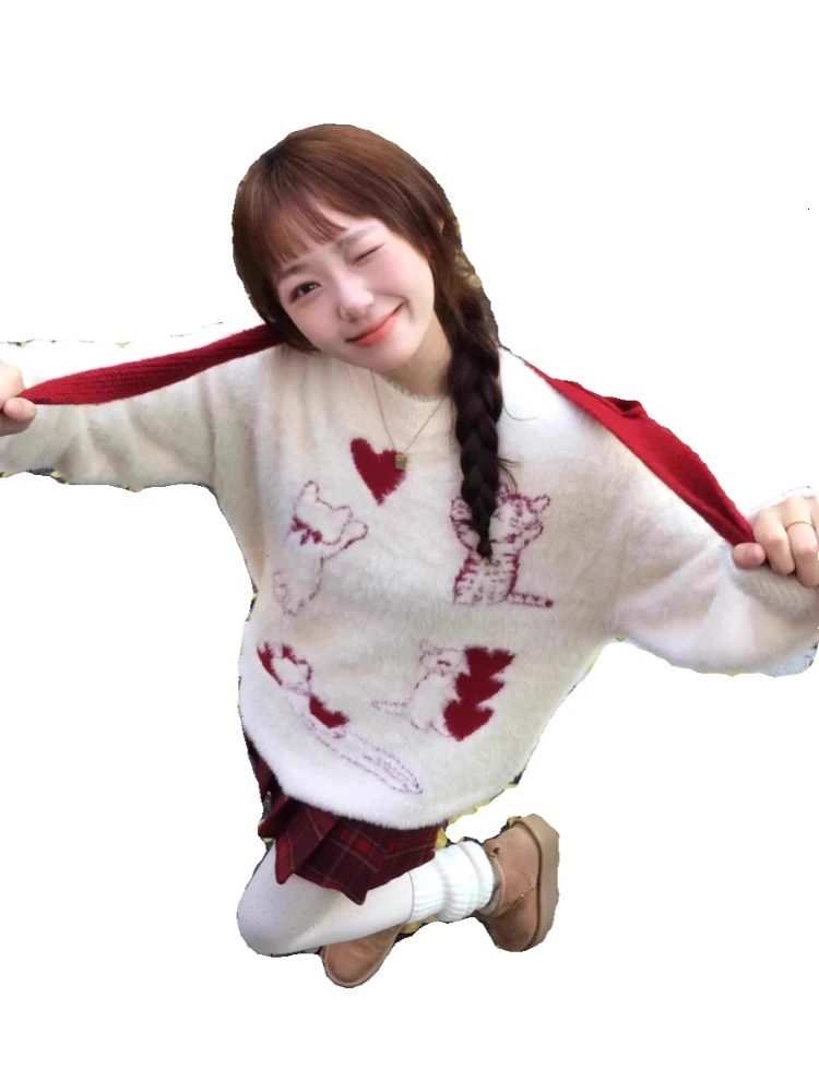 Preppy Style Pullovers Cartoon Jacquard n Aesthetics Sweet Cute Autumn Winter Sweaters for Women Fashion All Match Clothing 251105