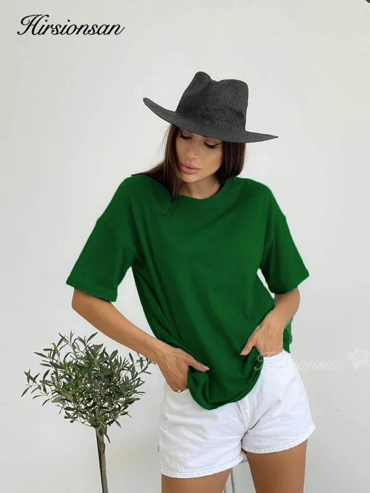 Hirssionsan 100% cotton T-shirt for women summer item oversized solid tee casual elegant long T-shirt O-neck loose top 250410