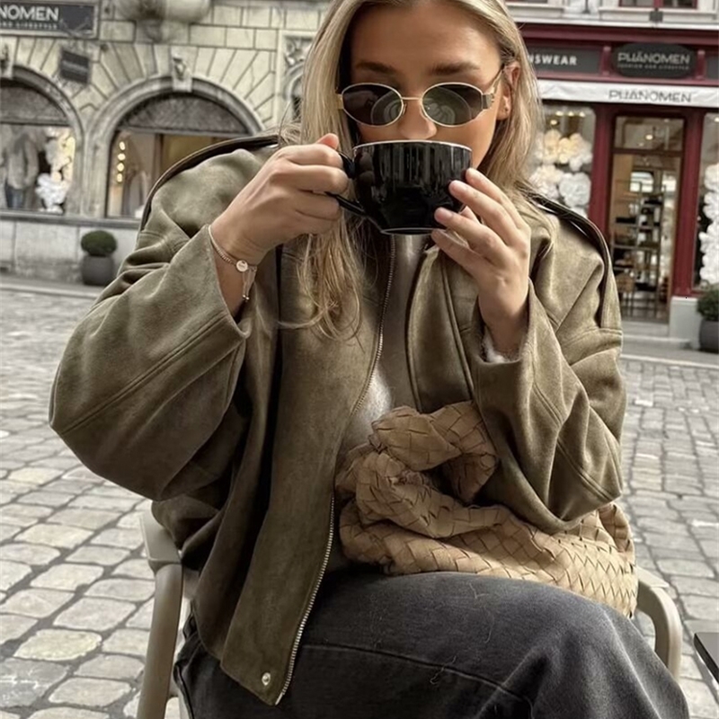 Vintage Women Green Oversize Bomber Jackets Fashion Ladies Elegant Loose Soft Outfits Jacket for Party Female Chic Clothes 251105