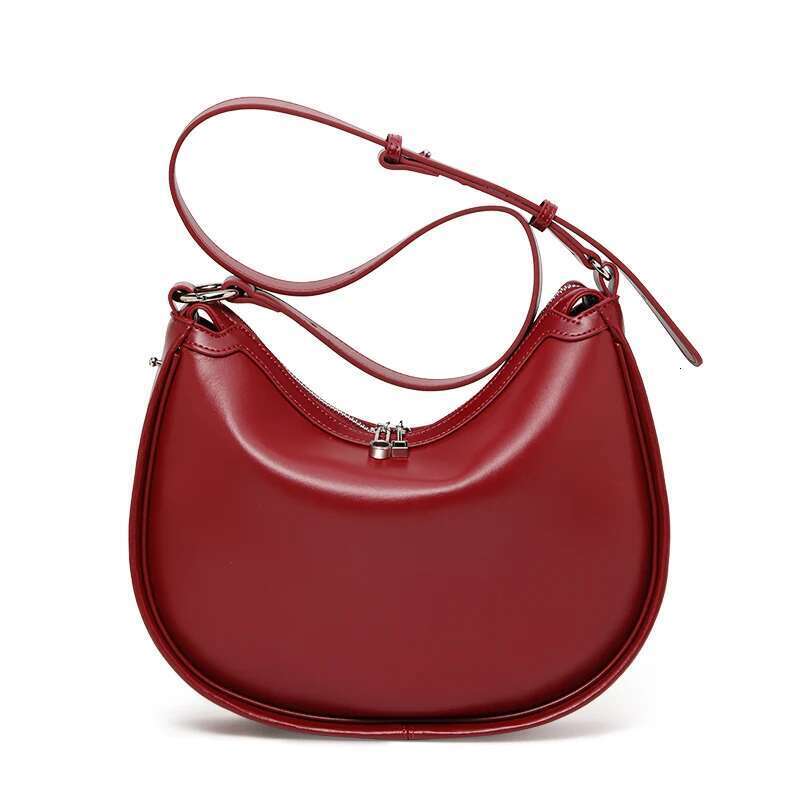 Genuine Crescent Hand-Held Large Capacity Glossy Soft Leather Cross-Body Half-Round Saddle Horn Moon Bag