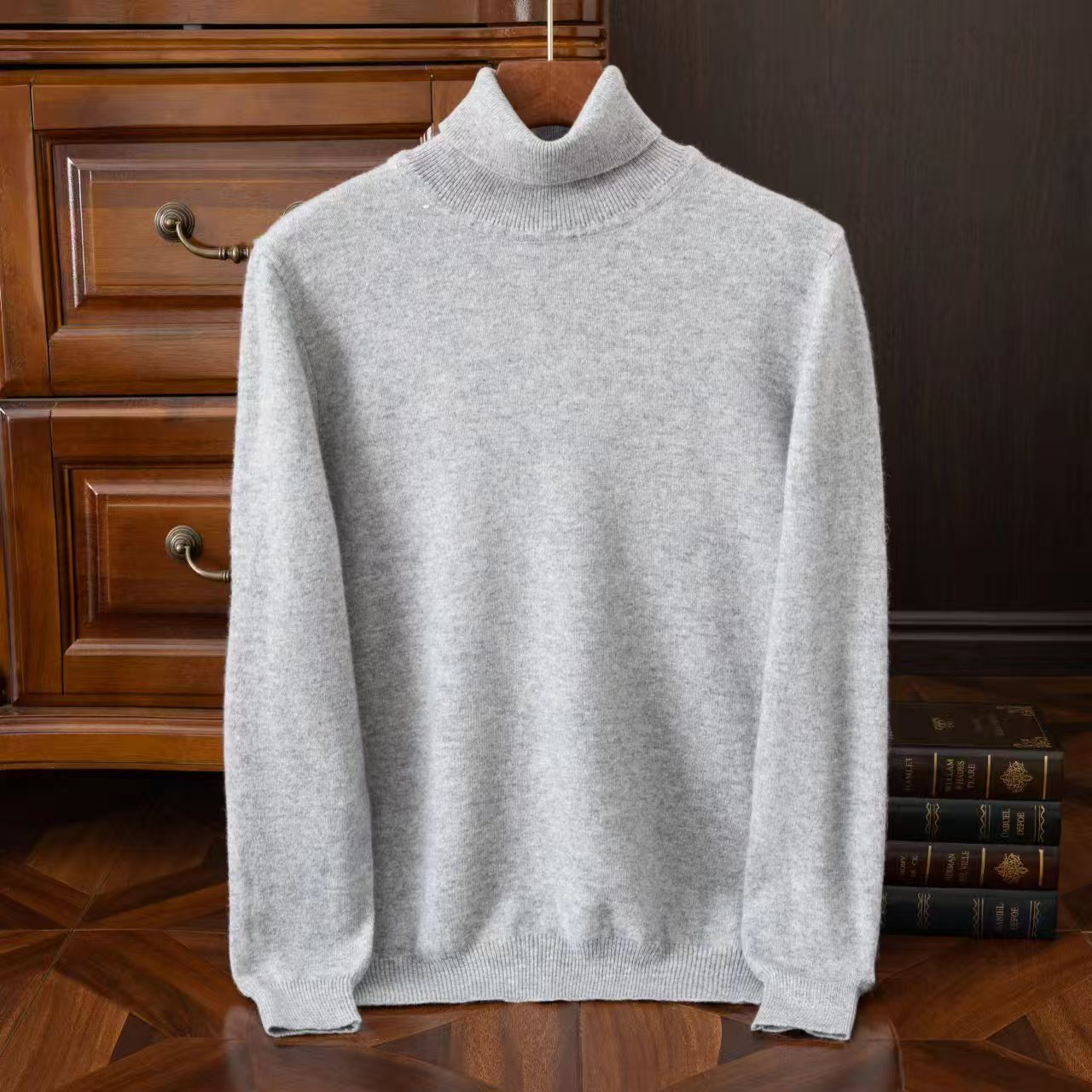 Spring and Autumn men's 100% pure wool sweater knitted sweater pullover round neck high neck solid color versatile solid color sweater
