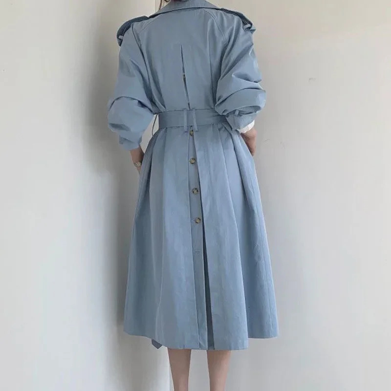 Korean womens medium length windproof machine with shoulder strap and split button n blue beige casual doublelayer long sleeved trench coat 250410