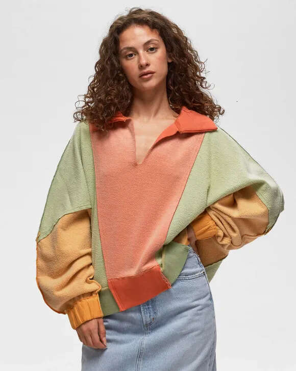 American Color-Block Sweatshirt For Women Loose Lazy Style Fleece Casual Pullover Sportswear With High-End Feel