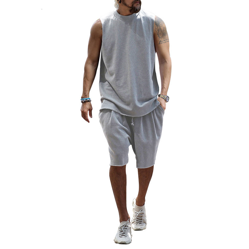 New plus size mens sleeveless sports suit casual shorts loose summer vest two-piece set