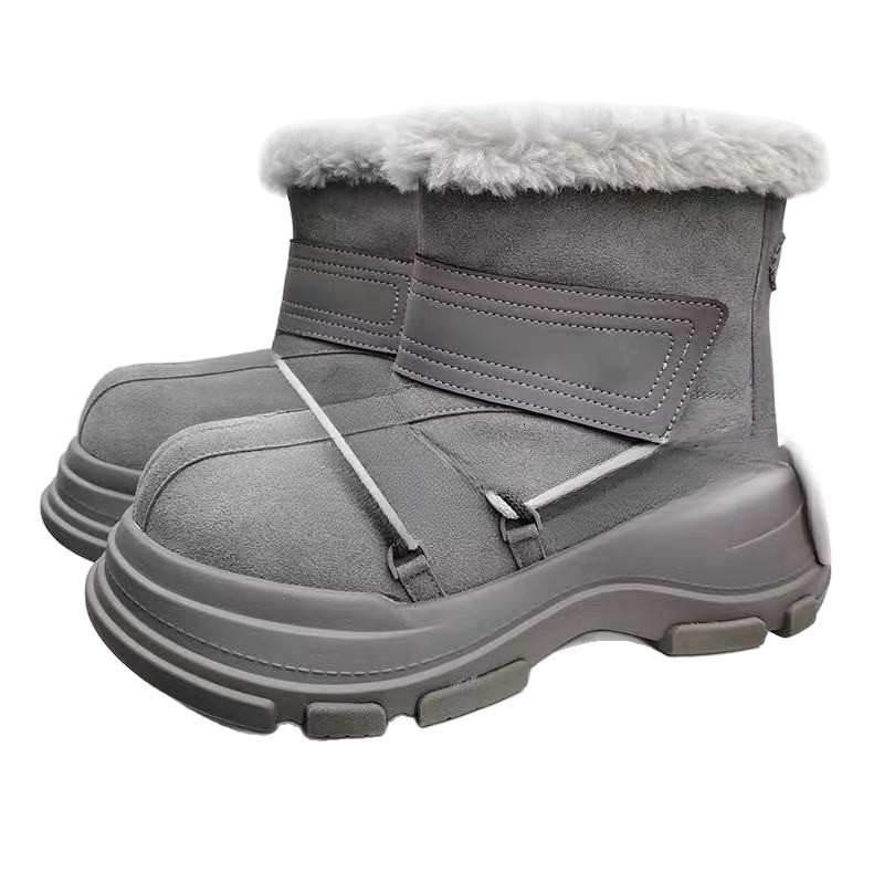 Designer snow boots with closed toe, thick sole, increased warmth, lace up, waterproof, anti slip, cowhide, wool, designer shoes