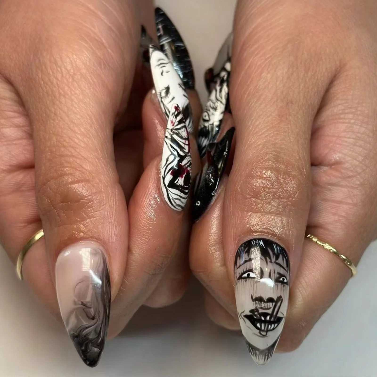 24 pieces of black spider fake nails y2k punk style girls painting fake nails complete set wearable Japanese almond press nail tips W250410