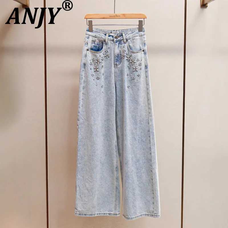 ANJY Autumn Winter Women Fashion Casual Versatile Washed Tide Diamonds Straight Jeans Trend Design Sense High Waist Pants A10636 C251110