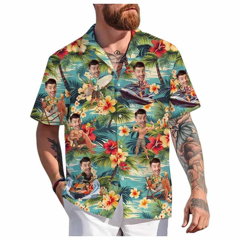Customized facial Hawaiian shirt unisex funny personalized 3D printed button up shirt for spring and summer beach short sleeved lapel shirt X250410