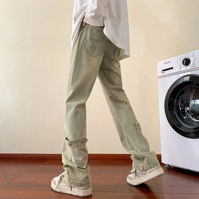 Mens Ultra Thin Edge Bottom Jeans Mens Fashion Metal Button Jeans Teen Trendy Retro Casual Denim Trouser 250408