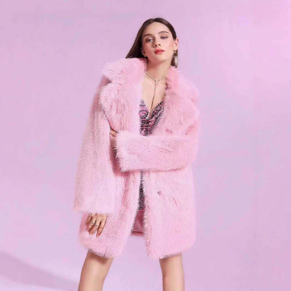 Solid New Sleeve Faux Collar Long Suit Color Warm Plus Size Women's Fur Coat MidLength