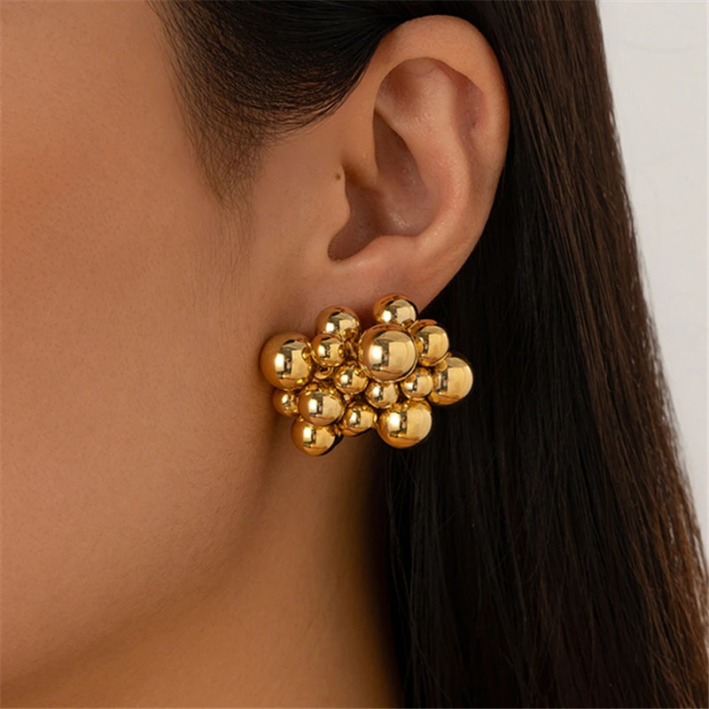 Fashion metal geometric beaded earrings for women exaggerated -selling bead earrings versatile 250409