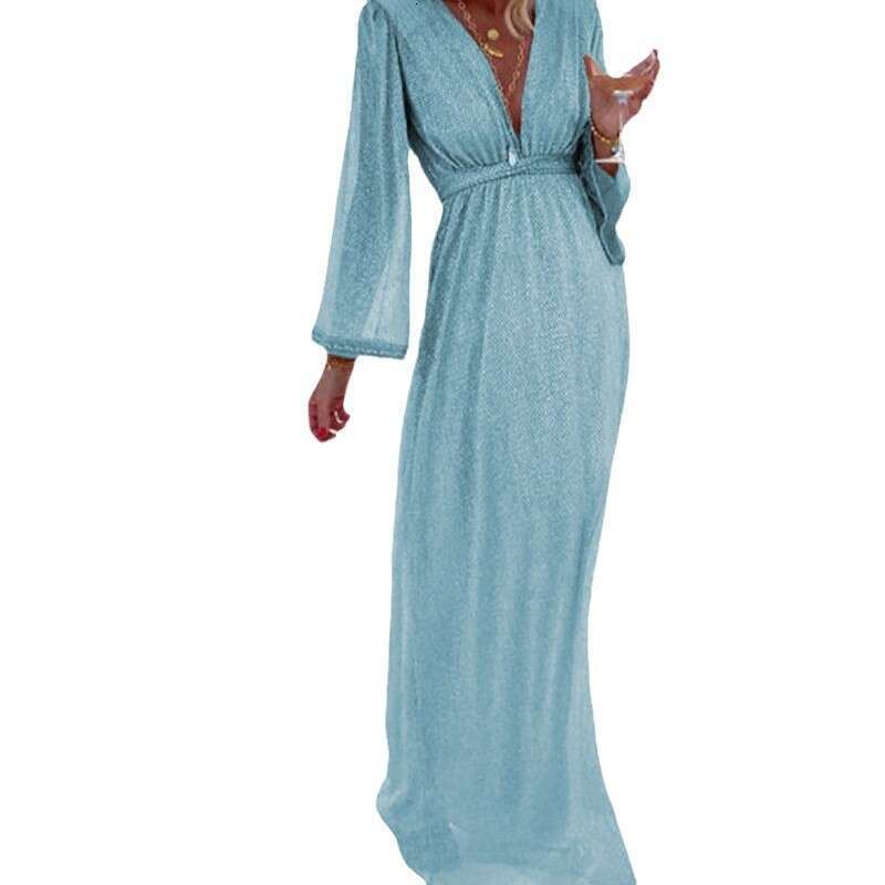 Women's Fashion In-Stock Fashionable Apricot V-Neck Long Sleeve Sequin Night club maxi dress DRESSES FOR WOMEN