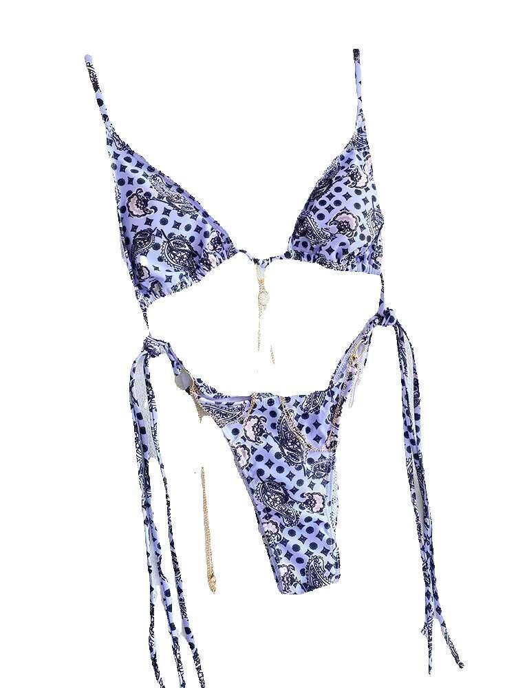 Sexy triangular chain set, mini flip flops women's bikini, beach bandage printed swimsuit, thong bikini