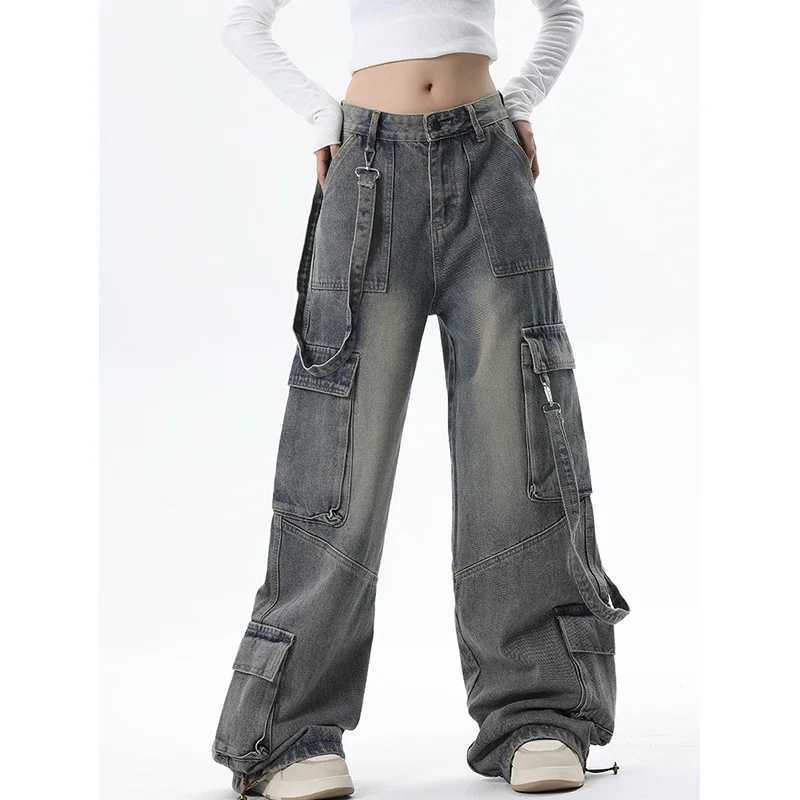 Women Blue Jeans Cargo Pants Streetwear High Waist Wide Leg Pants Fashion Y2K Style Female Winter Straight Trousers C251110