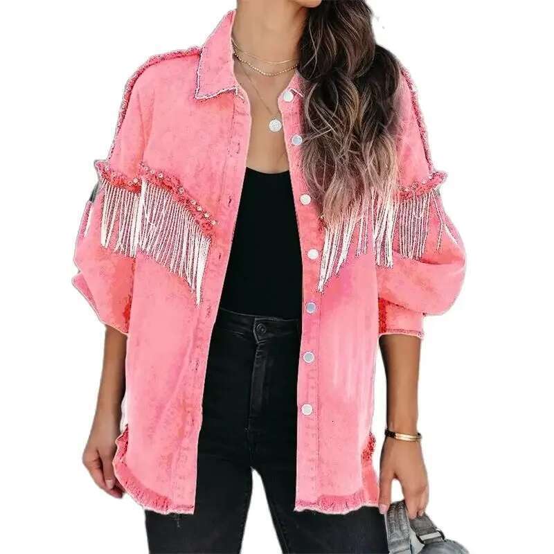 Fashion Chain Splicing Decoration Jacket Women Vintage Tassel Denim Coat Female Single-Breasted Cardigan Casual Loose Outerwear