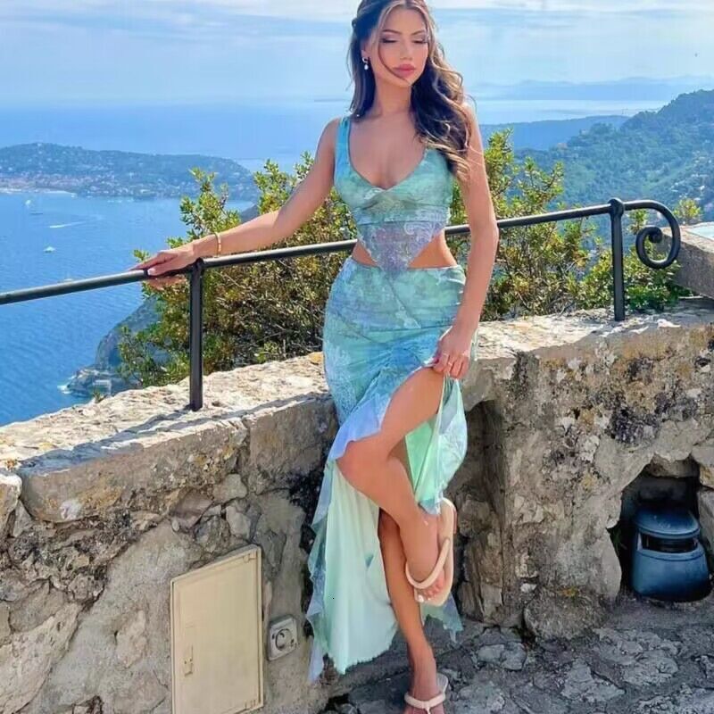 2025 Fashion Women's Summer Sexy Printing Tight Split Long Dress Two Piece Set