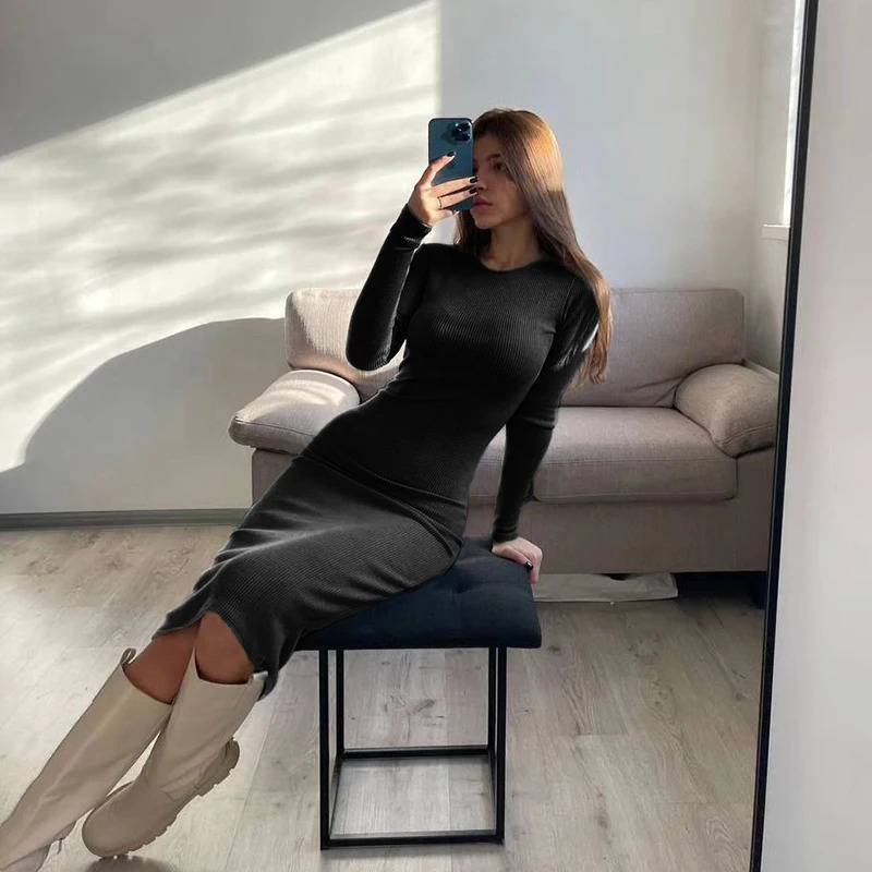 Autumn Winter Dresses Women Fashion Casual Slim ONeck Long Sleeves Elegant Dress Sexy Black Female Club Party Maxi 251110