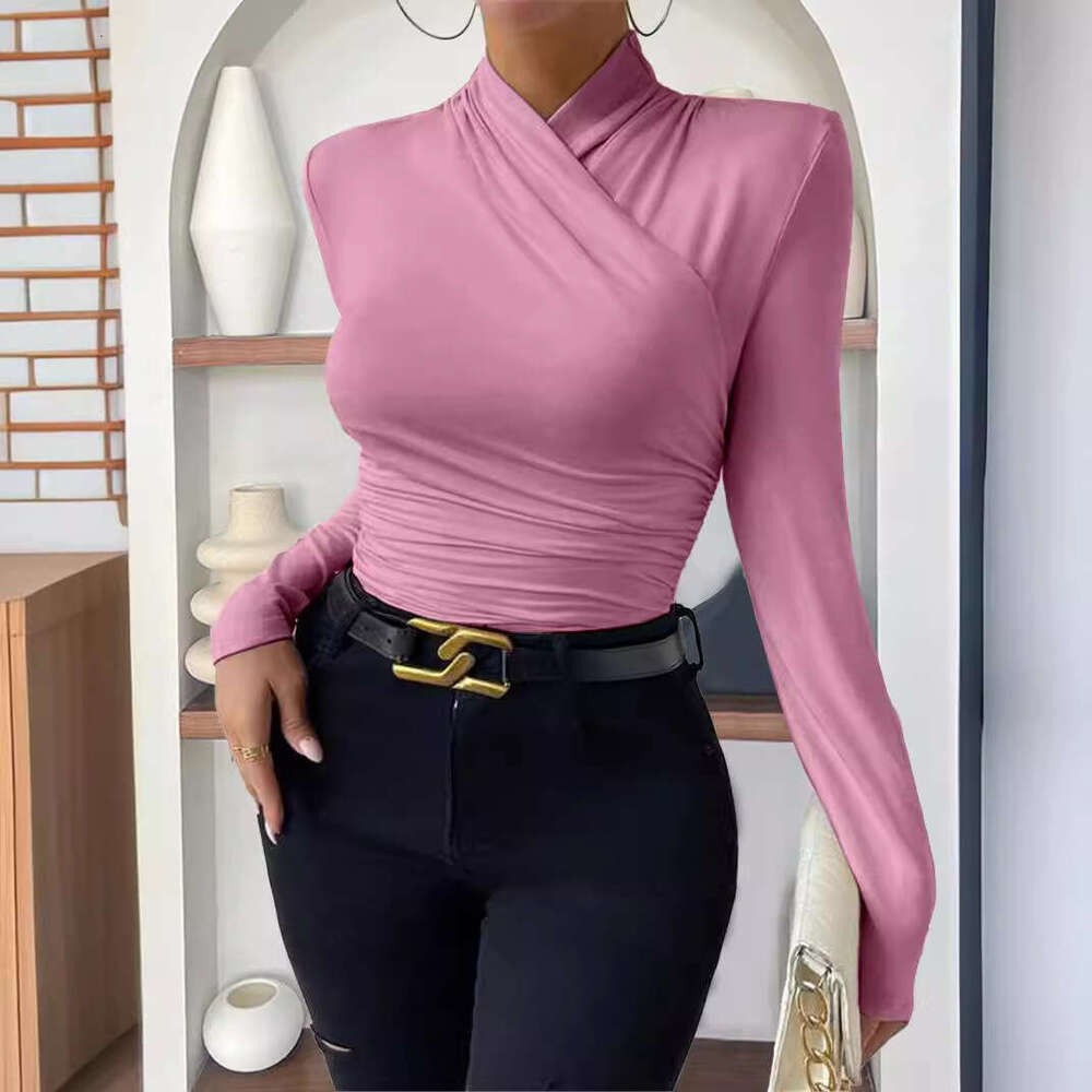 European and American Cross-Border Pullover Autumn Winter New Design Sense Cross-Neck Long Sleeve Slim Fit Versatile Solid Color Ruched T-Shirt