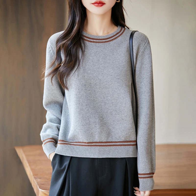 Autumn and winter womens 100 pure cotton sweater casual O-neck knitted pullover loose color matching selling womens top 251105