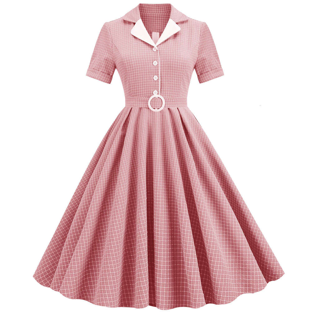 Hepburn style explosive street contrasting suit collar, grid elastic slim fit tie, large swing, medium length retro dress for women, 2025 new style, c