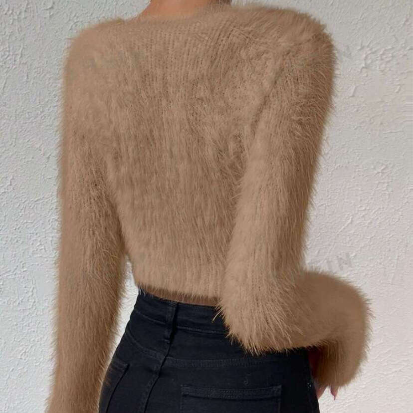 European and American Cross-Border Amazon Autumn Winter New Style Independent Station Solid Color V-Neck Slim Fit Versatile Fuzzy Short Women's S