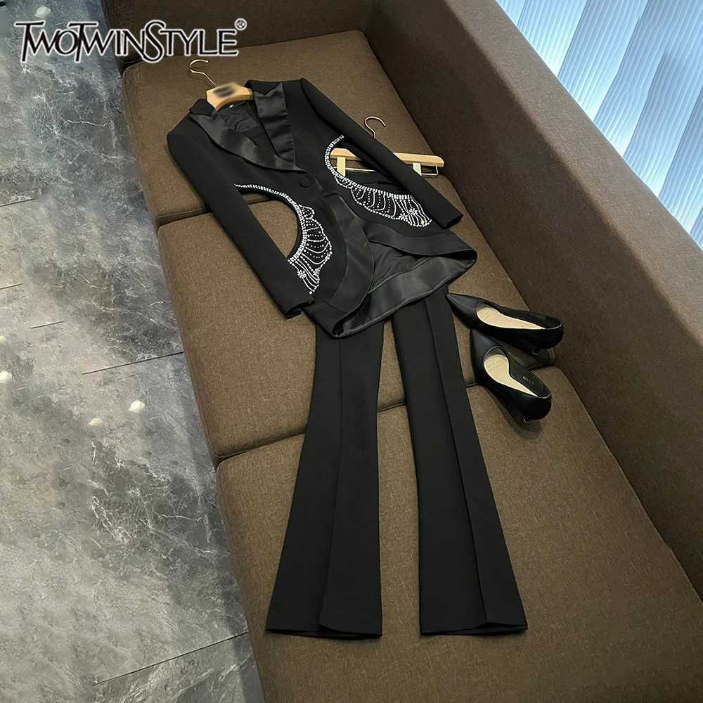 TWOTWINSTYLE Solid Sexy Two Piece Sets For Women Lapel Long Sleeve Hollow Out Top High Waist Pants Chic Set Female New W251110