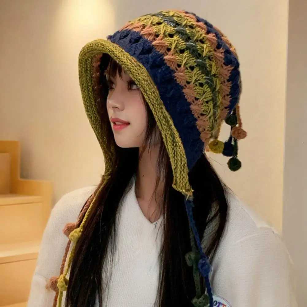 2025 Colorful Rainbow Winter Warm Striped Knit Wool Beanie Hat For Women Crochet Ear Female Girl Snow Windproof BonnetXJ251110